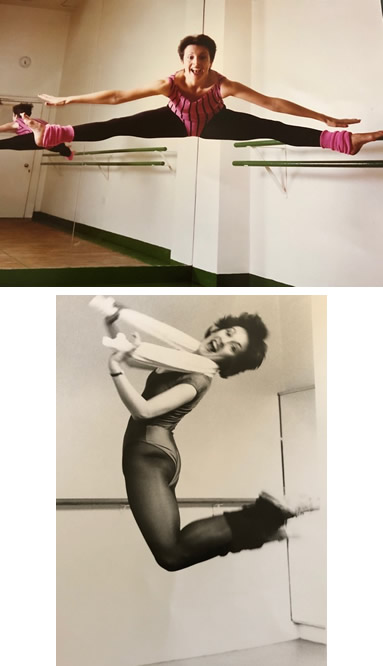 Two 1980s dance photographs of Carole: a split leap in a studio, and a black and white jump